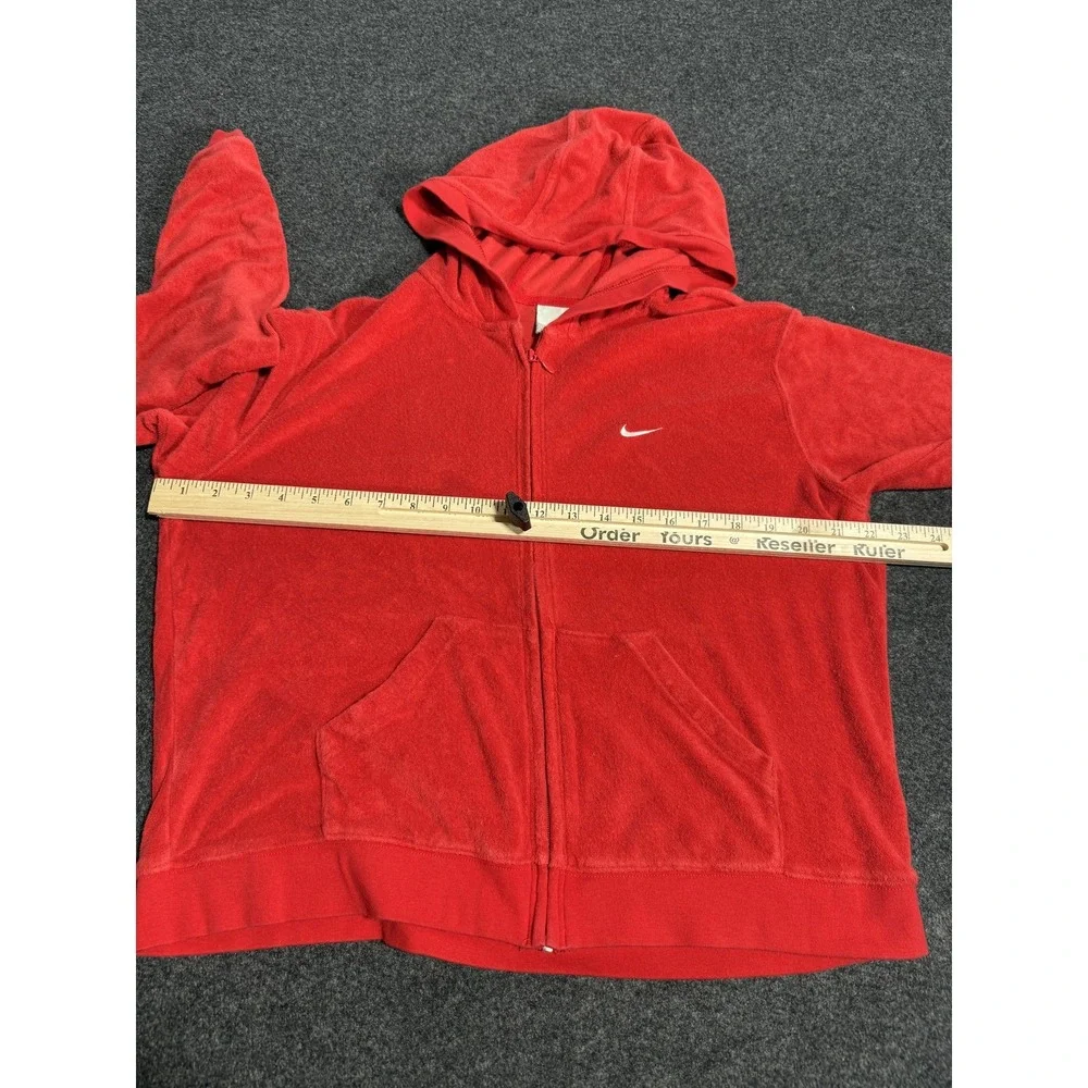 Nike XL‎ Red Velour Terry Cloth Full Zip Hoodie Sweatshirt Kids Size 18-20 Y2K